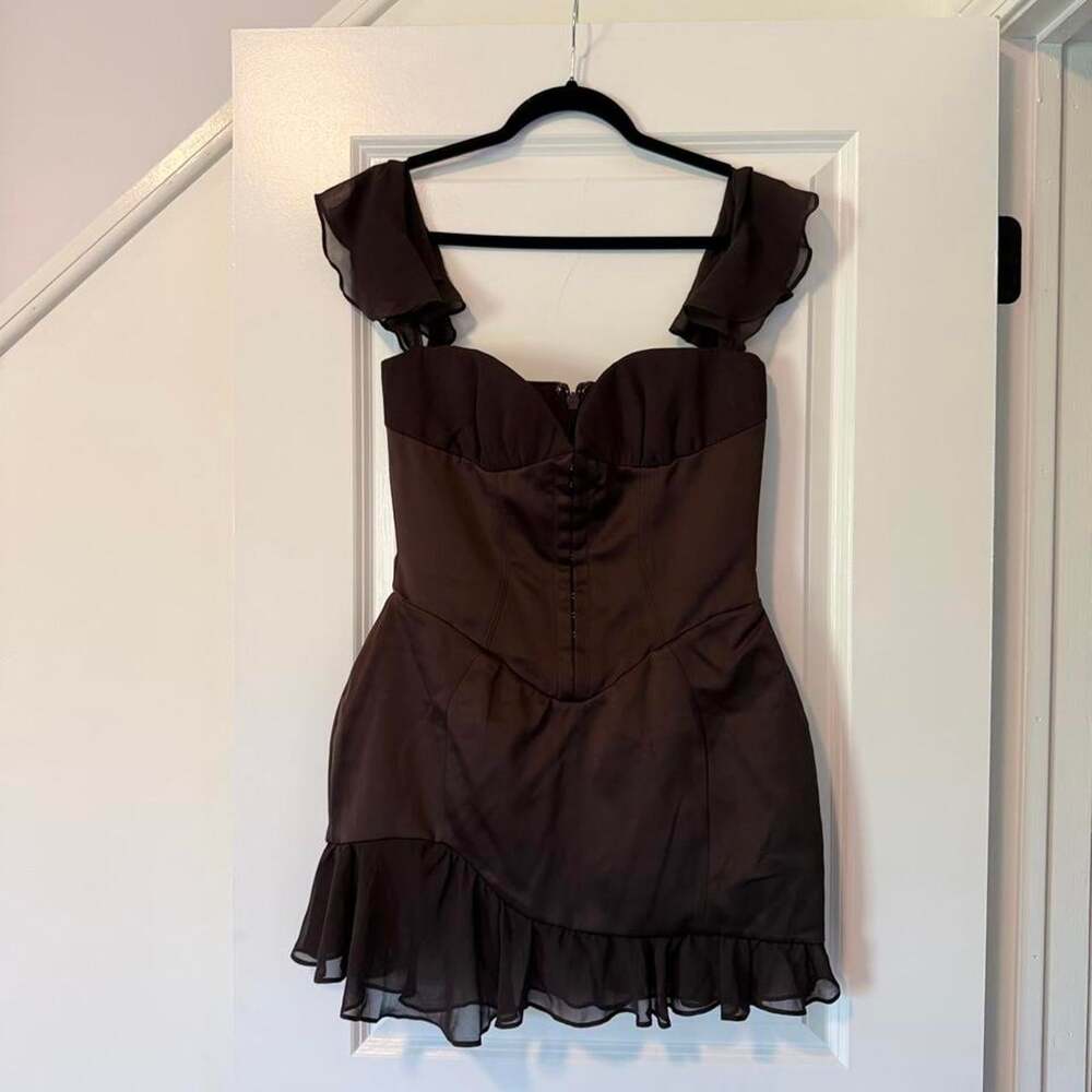 House of CB Dionne Espresso Ruffle Corset Satin Mini Dress